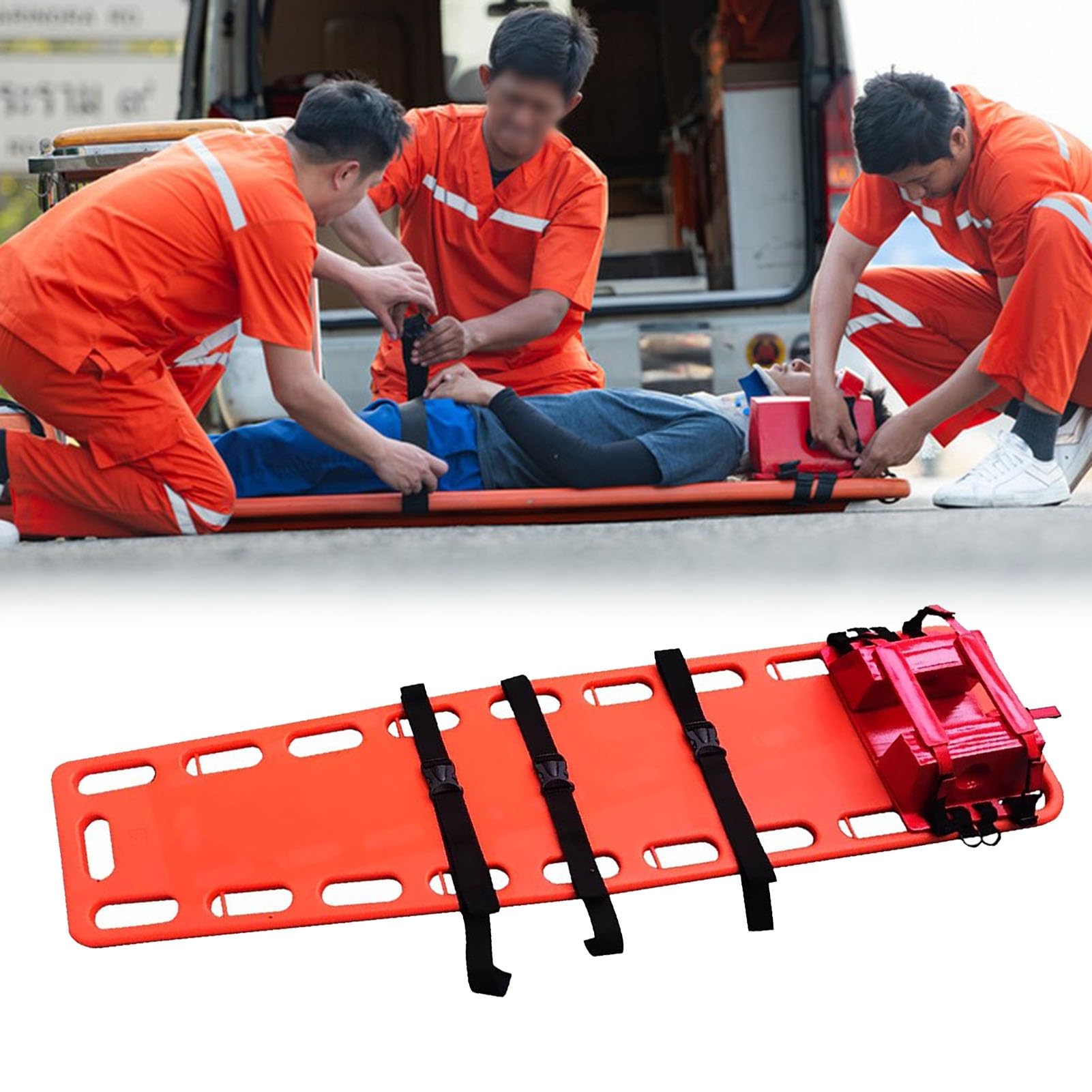 Barella Medica Portatile di Emergenza con immobilizzatore per la Testa e Cinghie - Tavola spinale per Salvataggio in Acqua, tavola salvavita per i Primi soccorritori, Pronto Soccorso Rosso