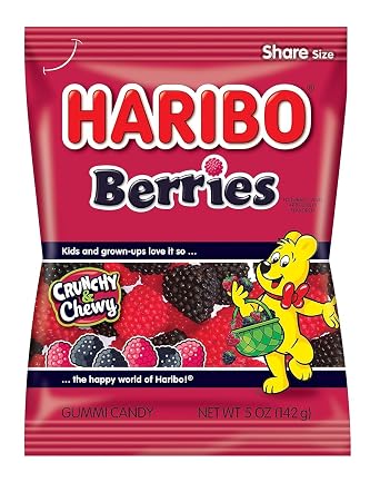 Berries Gummy Candy, Soft & Crunchy, Chewy Sweet Snacks Berry-Shaped Gummi Candy Share Size Red & Black Berry Fruit Flavor Pack of 4, Berries