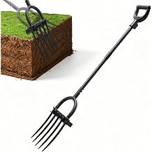 Broad Fork Garden Tool, 50 Heavy Duty Broadfork Hand Tiller with Double 5 Sharp Tines, Garden Pitchfork with Ergonomic D-Shaped Handle, Spading Digging Fork for Compost Soil Cultivating Loosening