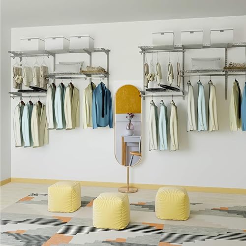 Miniatura 30 de Tangkula 4 to 6 FT Custom Closet Organizer System Kit, Wall-Mounted Storage Organizer with Wire Shelving and Hanging Rods, Adjustable Closet Grey