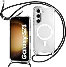 Case with Strap for Samsung Galaxy S23 5G, Compatible with MagSafe, Transparent Magnetic Mobile Phone Case with Cord for Hanging, Mobile Phone Strap, Shockproof Protective Case, Chain Black