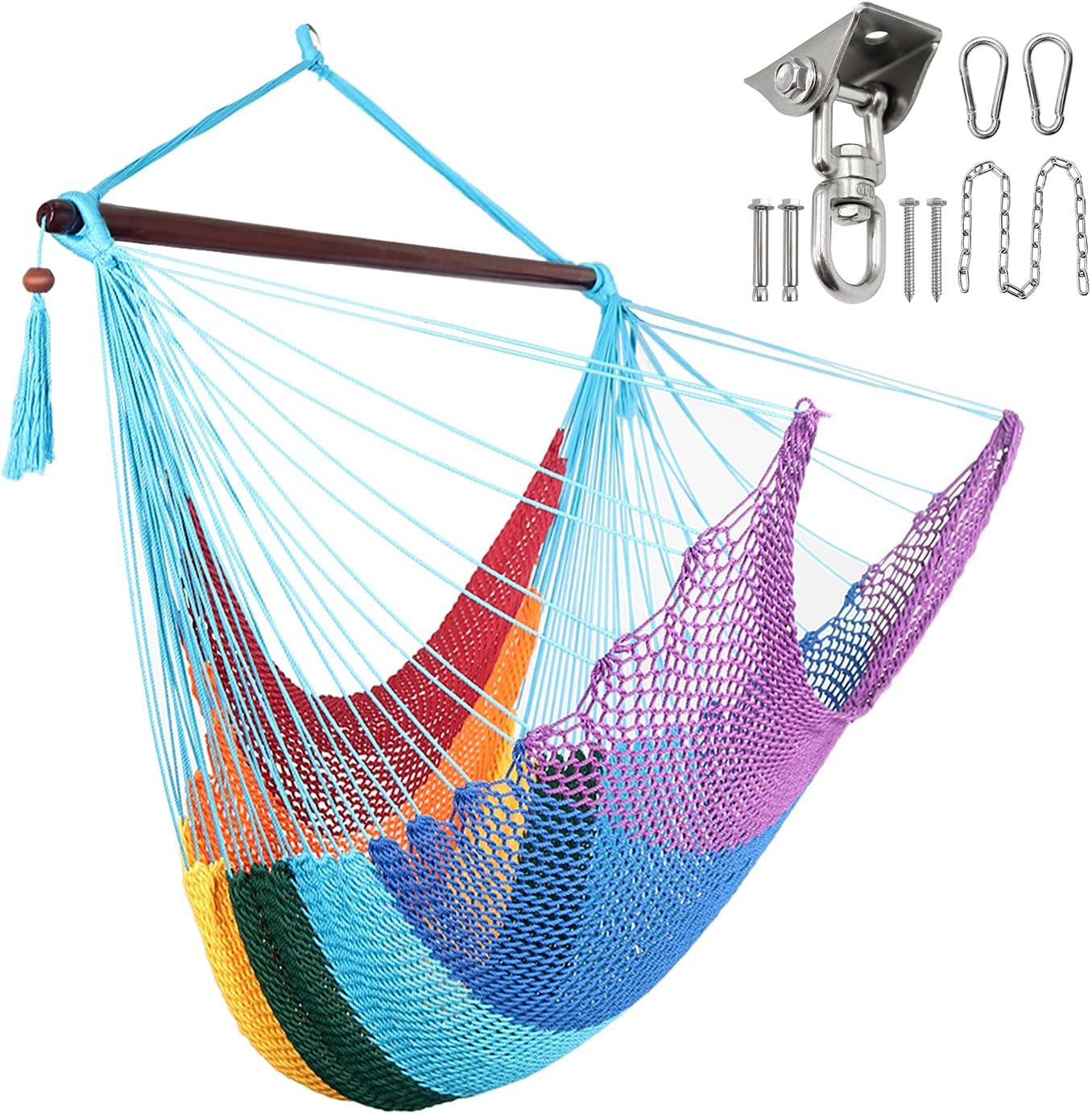 Bathonly Large Hammock Chair with Spreader Bar and Heavy Duty Swing Hanger, Caribbean Hammock Swing Chair, XL Hammock Chair Outdoor Indoor, 330 LBS Weight Capacity, Beige