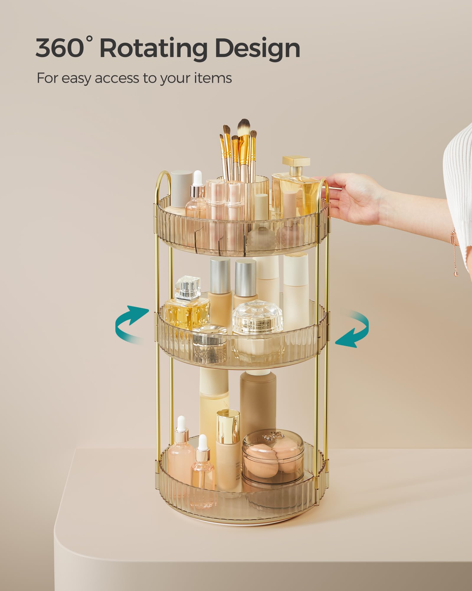 SONGMICS Makeup Organiser Rotating, 3-Tier Round Skincare Organiser, Customisable, Toiletries Cosmetics Organiser, Gift - Image 3