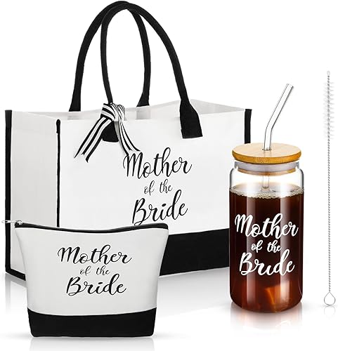 Zubebe Juego de 3 piezas de regalos para novia para despedida de soltera, incluye taza de vidrio, bolsa de lona, bolsa de maquillaje para regalo de