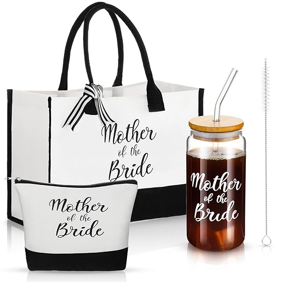 Zubebe 3 Pcs Bride Gifts Set for Bridal Shower Include Glass Cup Canvas Tote Bag Makeup Bag for Honeymoon Gift