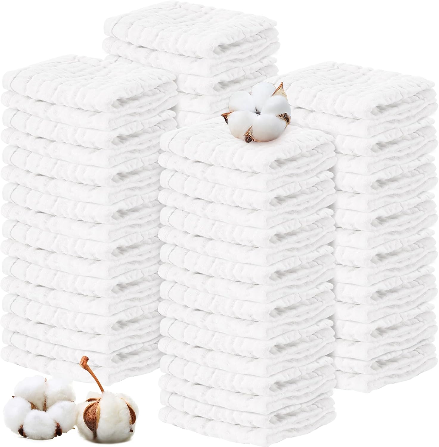 Handepo 60 Pack Muslin Burp Cloths Cotton Baby Muslin Washcloths 6 Layer Soft Absorbent Face Towel 12 x 12 Inch Newborn Muslin Bibs for Baby Infant Kids Sensitive Skin