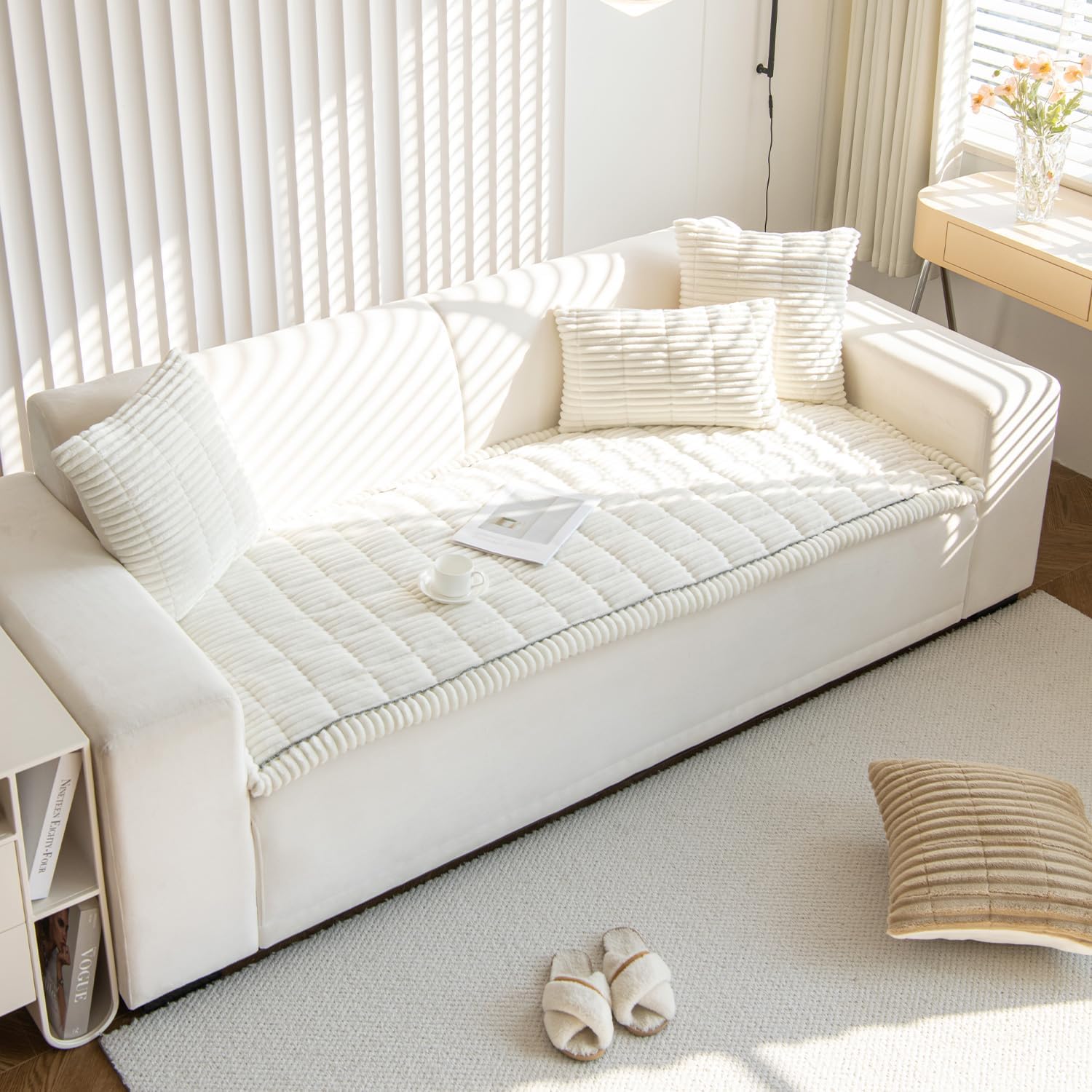 Cozy & Stylish 3 Cushion Couch Cover for Dogs - Washable, Non-Slip, White Flannel Pet-Friendly Sofa Protector 27.6x70.10 Inch