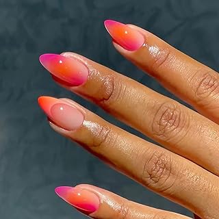 IMRAIN Press on Nails Medium Almond Fake Nails Orange Pink Ombre French Tips False Nails Gradient Glossy Full Cover Oval Stick on Artificial Nails