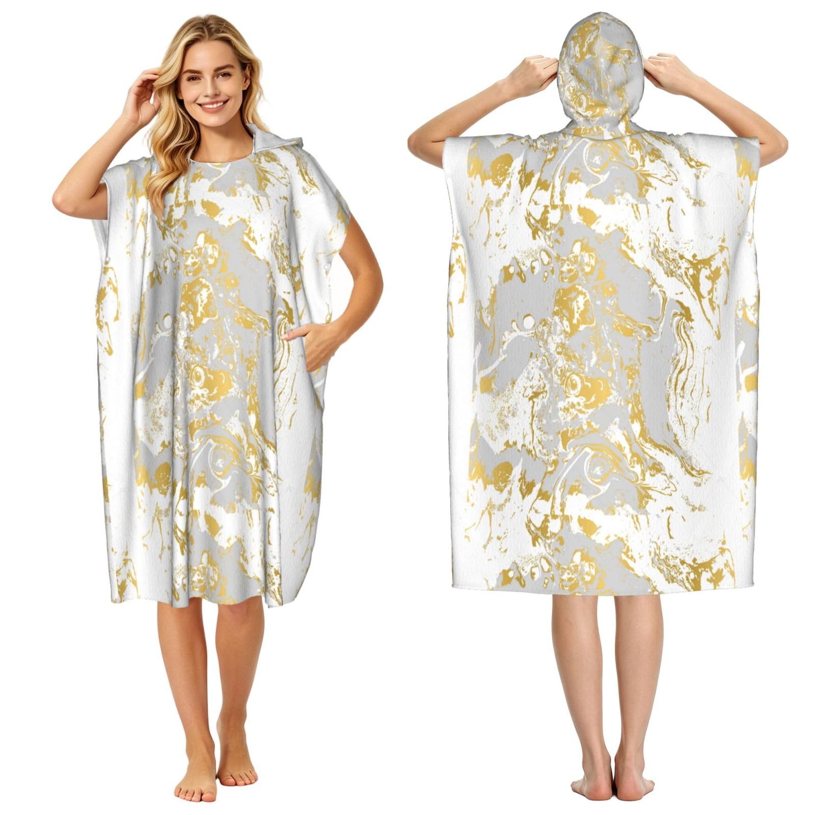 Poadnly Gray And Gold Agate Ripplle, Adult Hooded Beach Towel 90 x 110 cm,Changing Bath Robe, Surf Poncho Towel For Women Men