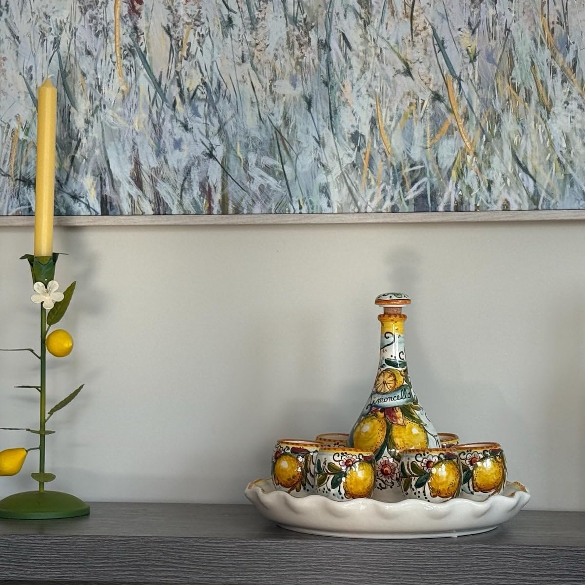 CERAMICHE D'ARTE PARRINI - Italian Ceramic Pottery Set Tray + Bottle + 6 Cups Limoncello Liqueur Shot Glasses Decorated Lemons Hand Painted Made in Italy Tuscan