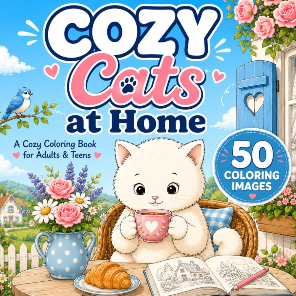 Cozy Cats at Home: 50 Cozy Cat Coloring Pages for Adults & Teens: Stress Relief, Relaxation, Cottagecore, Cozy Home Scenes & Mindfulness