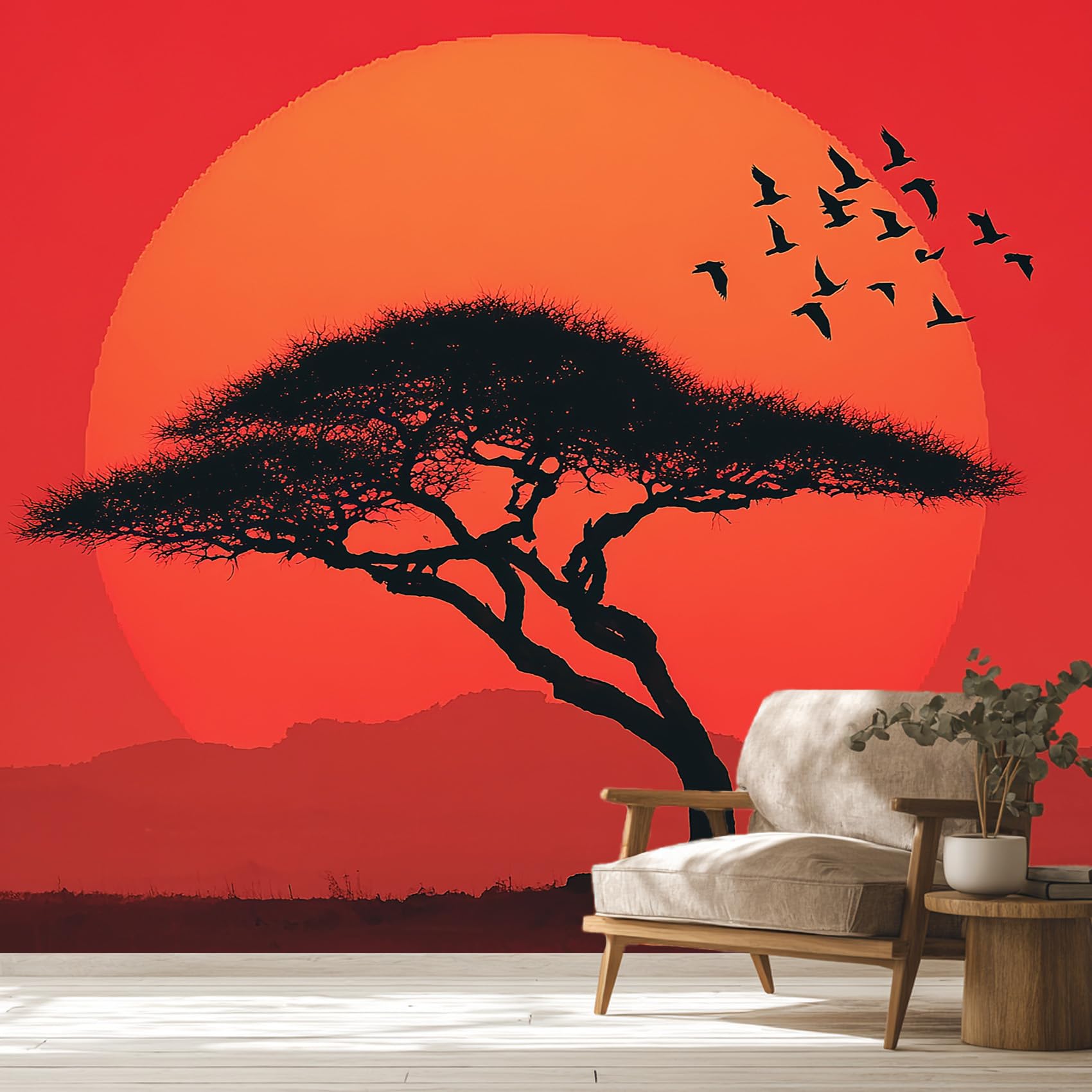 Tree Wallpaper, Orange Red Sunset Wallpapers Mural for Living Room Badroom Kitchen, Tree Home Decor Wall Art Murals Stickers 500x280 cm, Not Self Adhesive