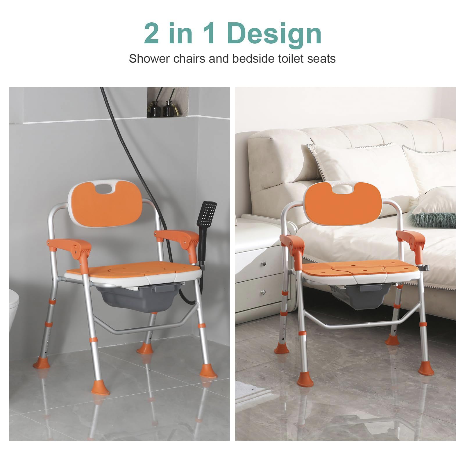 Sedia WC per anziani, pieghevole con braccioli e schienale, Fifth Gear, regolabile in altezza, rimovibile, allargamento, robusta sedia WC (arancione)
