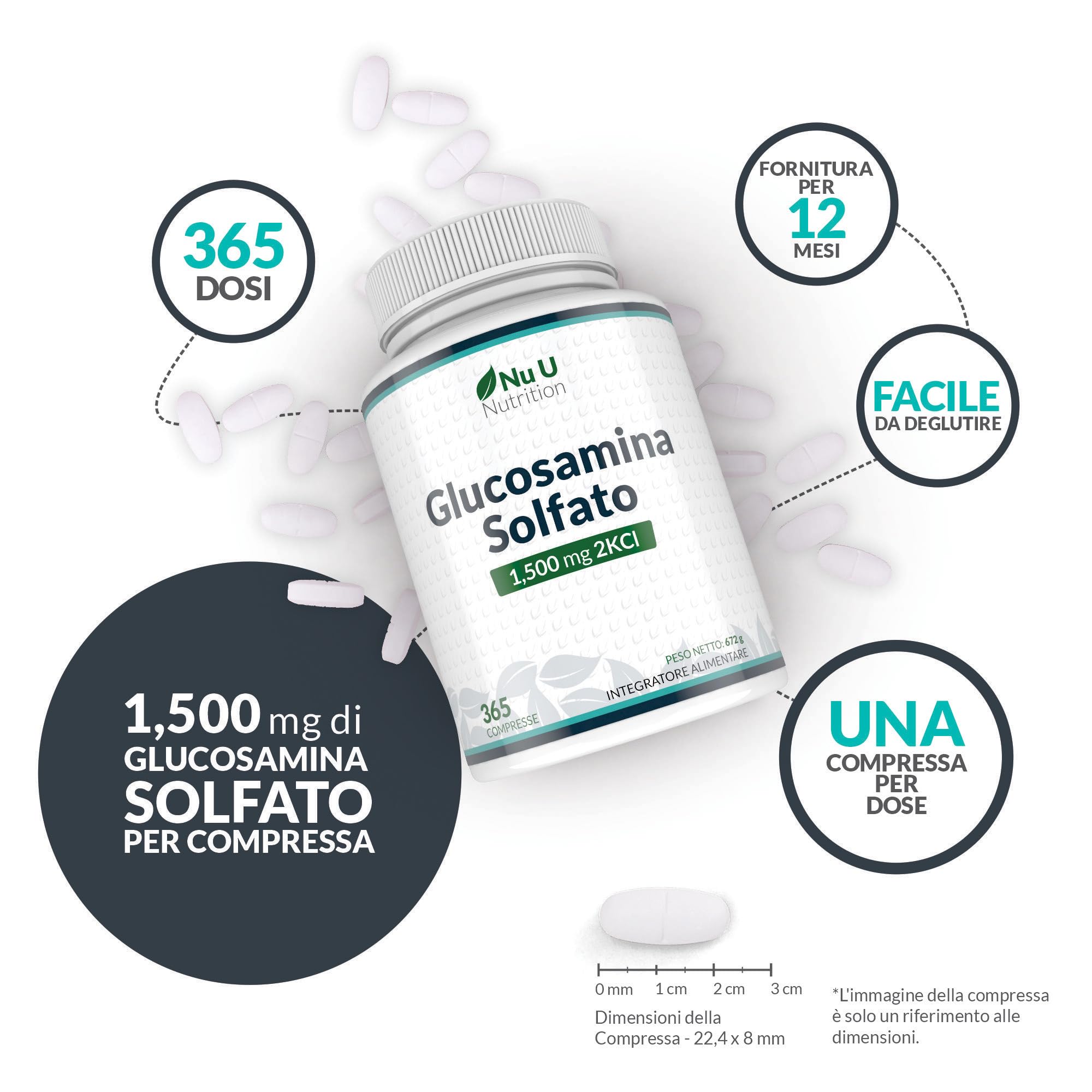 Glucosamina Solfato 1500 mg 2KCl Alto Dosaggio - 365 Compresse non Capsule - 1 Anno di Durata - Integratore per Articolazioni - Prodotto in Europa - Nu U Nutrition