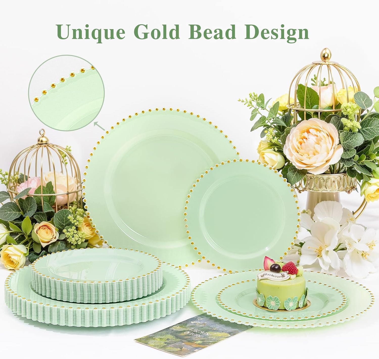 supernal 100pcs Green Plastic Plates with Gold Bead Design - Heavy Duty Plastic Disposable Sage Green Plates for Party -Include 50pcs 10inch Dinner Plate and 50pcs 7inch Dessert Plate Serve 50 Guests