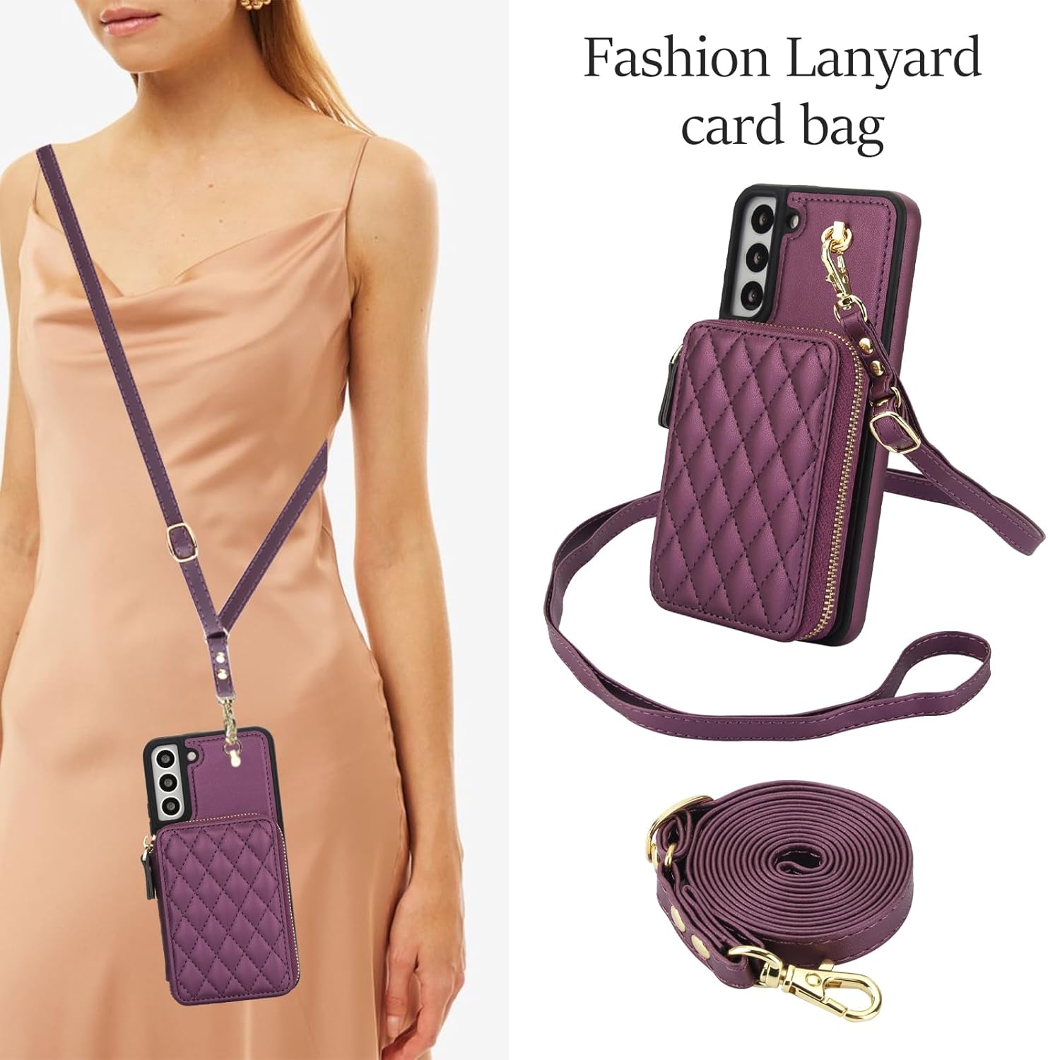 Phone Case for Samsung Galaxy S21 FE 5G Wallet Cell Cover with Tempered Glass Screen Protector Wrist Strap Lanyard RFID Blocking Card Holder S 21 EF S21FE5G UW S21FE 21S G5 6.4 inch Women Dark Purple