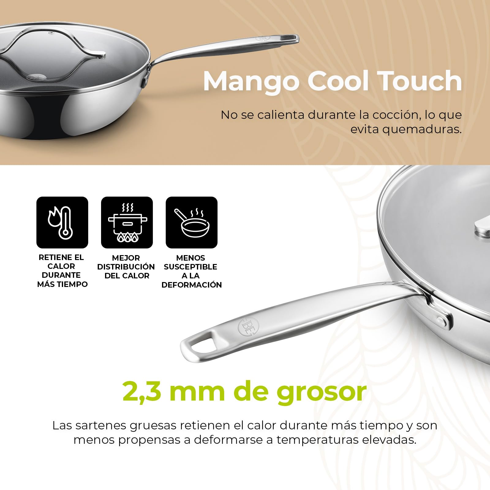 Be Living Sartén wok de acero inoxidable – Ø 28 cm – cerámica – inducción – sin PFAS, antiadherente – sartén con tapa – serie Essential