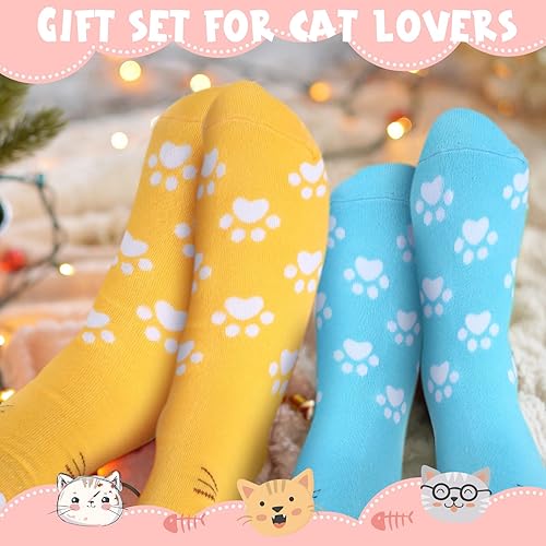 Miniatura 6 de Sliner Juego de regalos de cumpleaños para amantes de los gatos, vaso con tapa y pajita, 5 pares de calcetines lindos y llavero para mamá, regalos