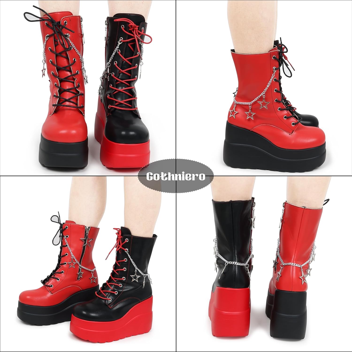 Gothniero Platform Goth Ankle Boots for Womem Black Holographic Combat Chunky Heel Boots with Side Zip Lace Up Wedge Booties US5.5-11