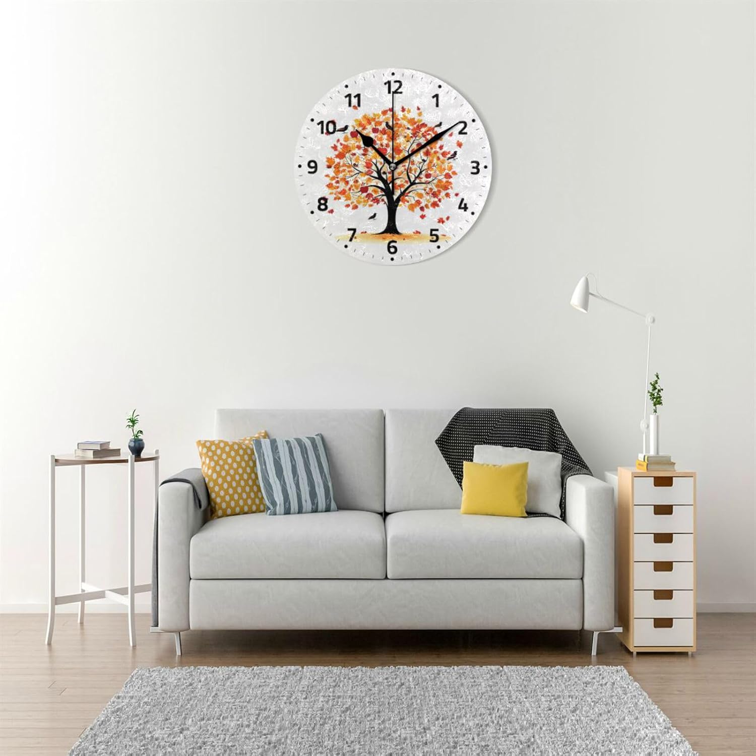 Vdsrup Bright Fall Leaves Wall Clock Autumn Maple Tree Round Clock Silent Non Ticking Decorative 9.5 Inch Battery Operated Quartz Analog Quiet Desk Clock for Kitchen,Home,Office,School