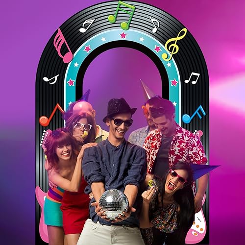 Miniatura 7 de Decoraciones para fiestas temáticas de los años 50, cartel retro de registro de regreso a los años 50, telón de fondo clásico colgante de música