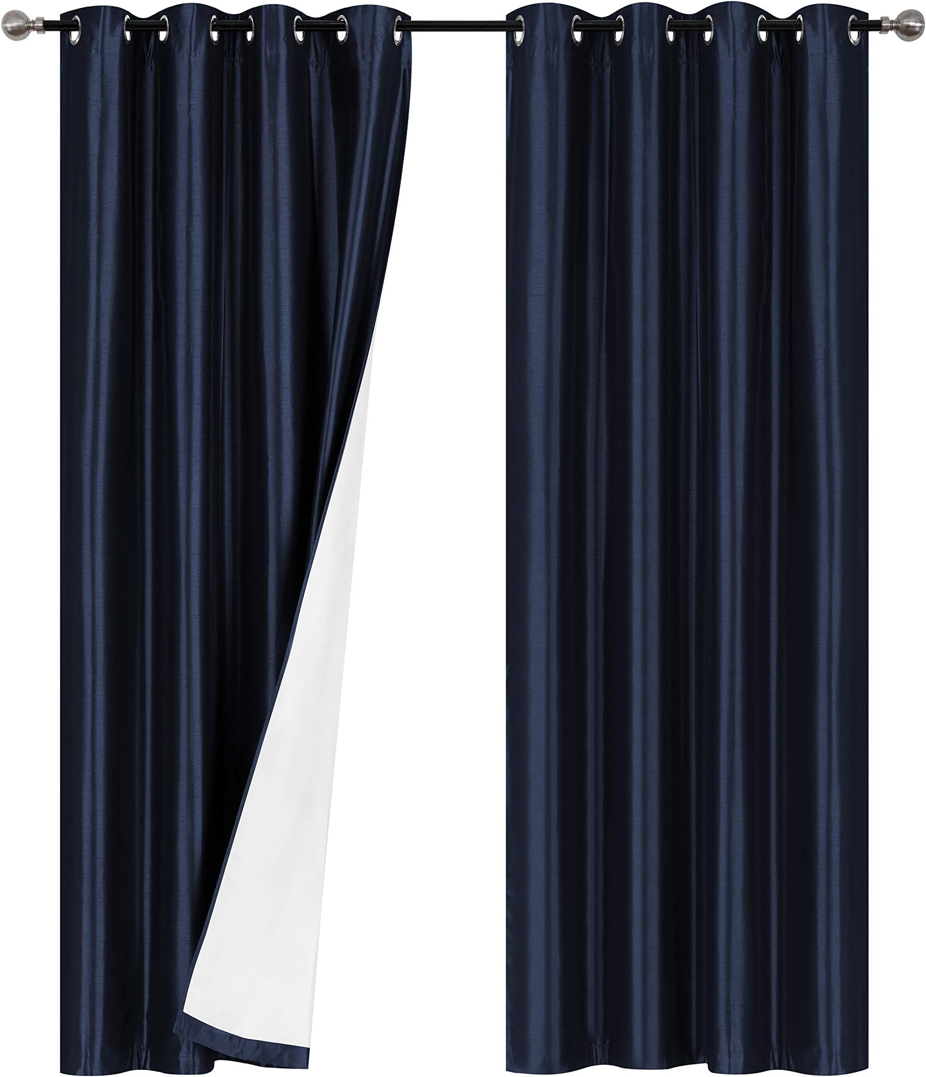 Bedding Haus Faux Silk 100% Blackout Curtains for Bedrooms Living Rooms and Nurseries, Thermal Insulated Set, Thick Noise Reducing Drape Set (2 Grommet Blackout Panels)(84” Length) - Navy