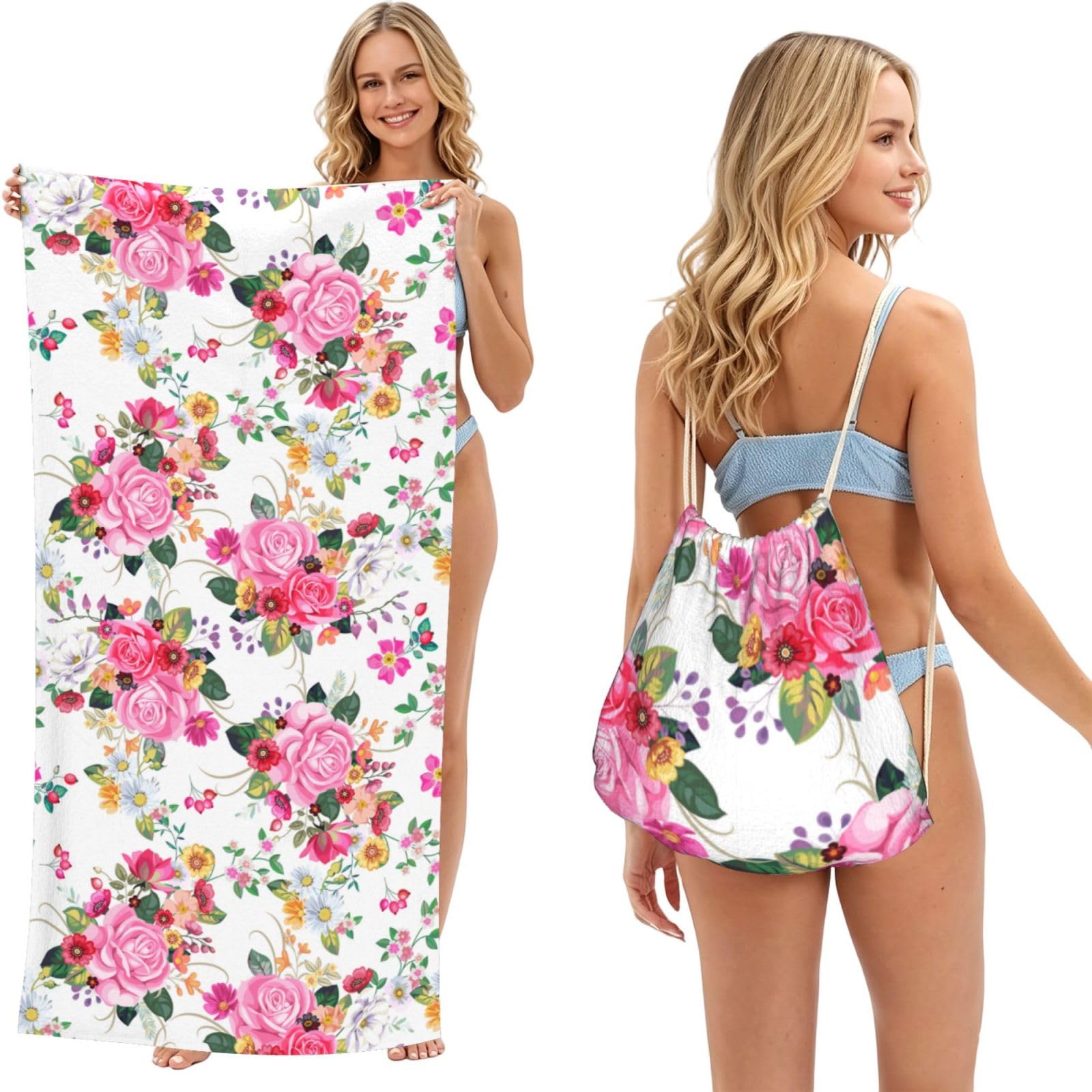 Poadnly As Picture Vintage Bouquets Flower, 2 In 1 Packable Towel Bag, Beach Towels With Drawstring Backpack For Travel Holiday Camping