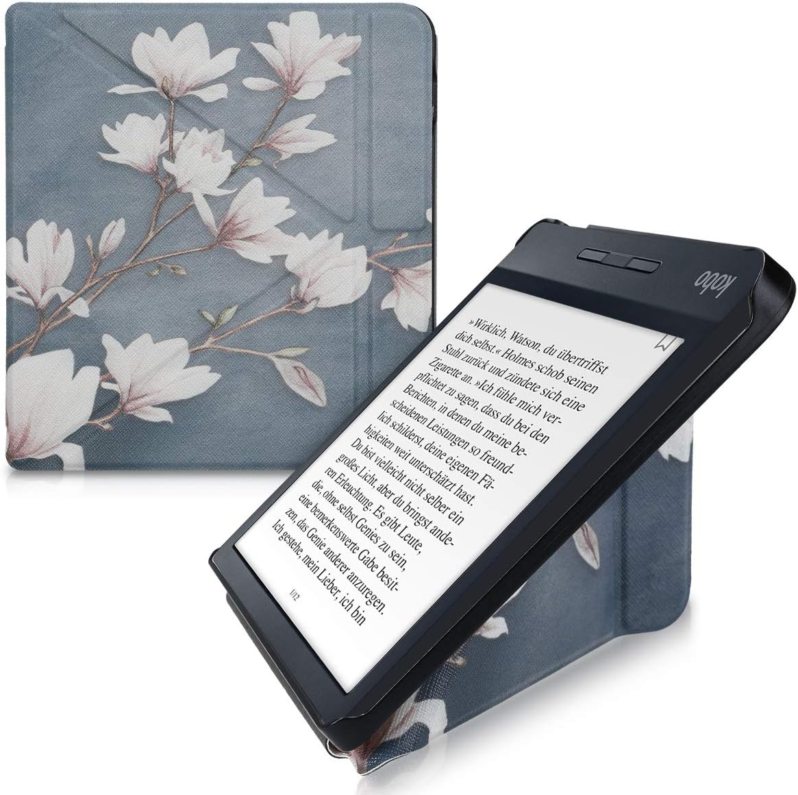 kwmobile Origami Case Compatible with Kobo Libra H2O - Case Slim Premium PU Leather Cover with Stand - Magnolias Taupe/White/Blue Grey
