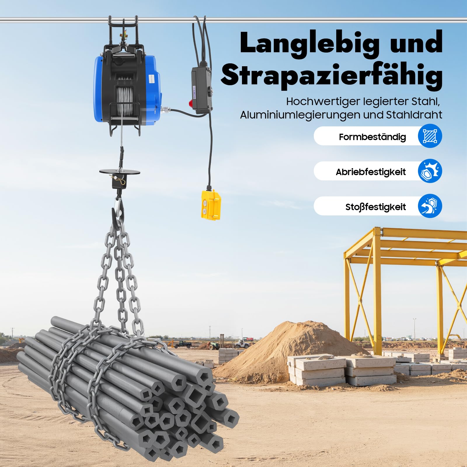 Elektrische Seilwinde 1500W 30 m, Elektrohebezeug bis 250 kg Tragkraft, Tragbare Winde mit Stahlseil und fernbedienung für Werkstatt, Garage und Baustelle
