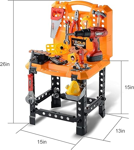 Miniatura 6 de BELLOCHIDDO Banco de herramientas para niños, banco de trabajo STEM para niños pequeños de 82 piezas con taladro eléctrico realista, juguetes de