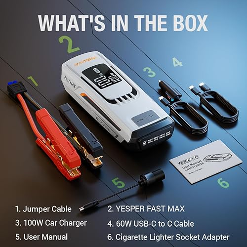 Miniatura 8 de YESPER Paquete de batería de arranque de impulso 4120A 27000mAh Cargador de batería de coche Arrancador auxiliar (todo gashasta 10L diésel) 100W