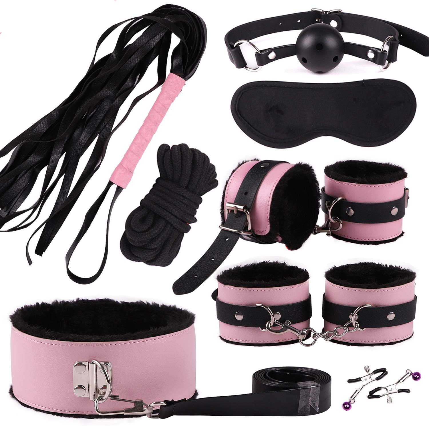 8 pcs/Set Nylon Leather Suit Special Bundled Binding Set Couple Flirting SM Alternative Bundled Binding Set Bundle Leg Ankles and Wrists for Men and Women Passionate Moments (Black-pink)