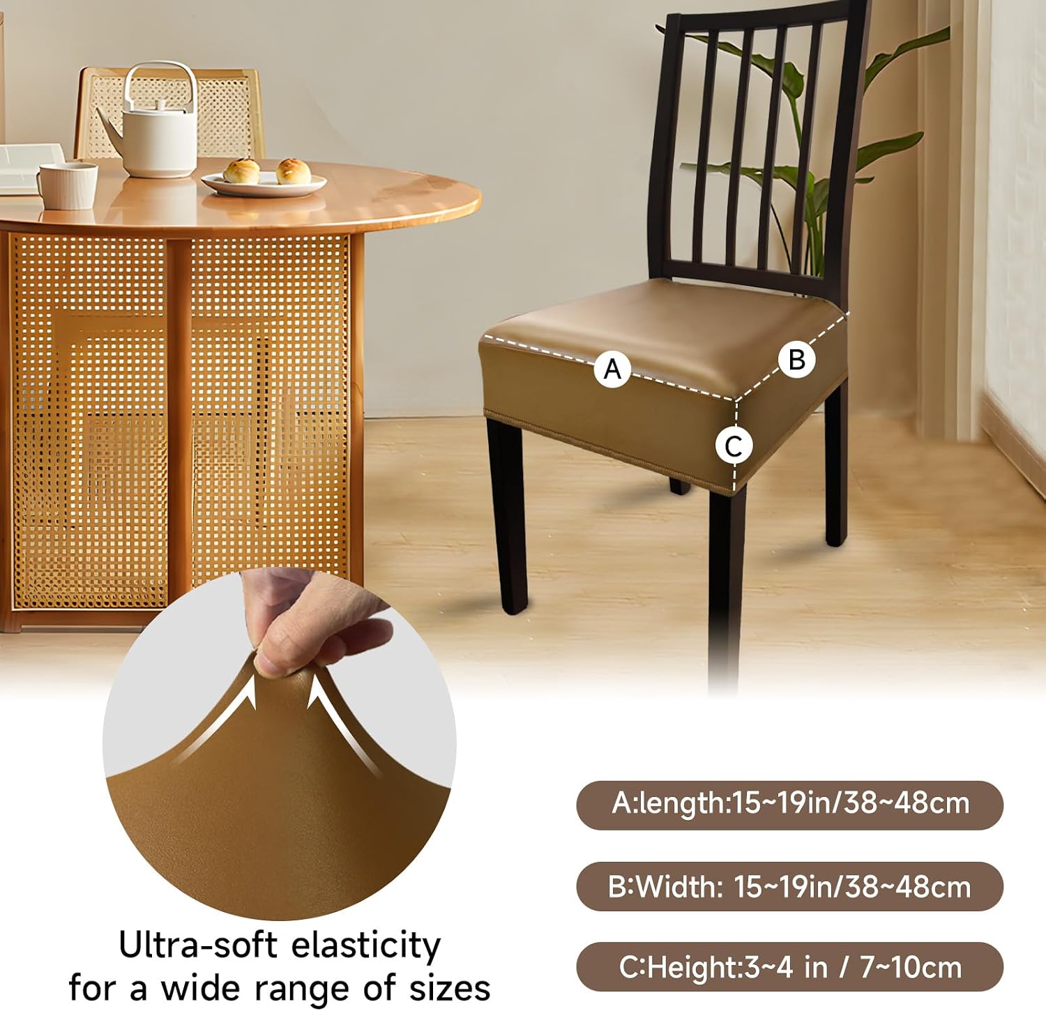 Leather Seat Covers Dining Chairs Waterproof Kitchen Chair Seat Covers set of 6, Wipeable 4-Sided Elastic PU Chair Covers Dining Chairs for Dining/Kitchen Room and Dust Resistant(Light Brown, 6PCS)