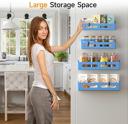 Miniatura 54 de Paquete de 4 estantes magnéticos para especias para refrigerador, organizador de especias, estante magnético móvil con 4 ganchos para organización