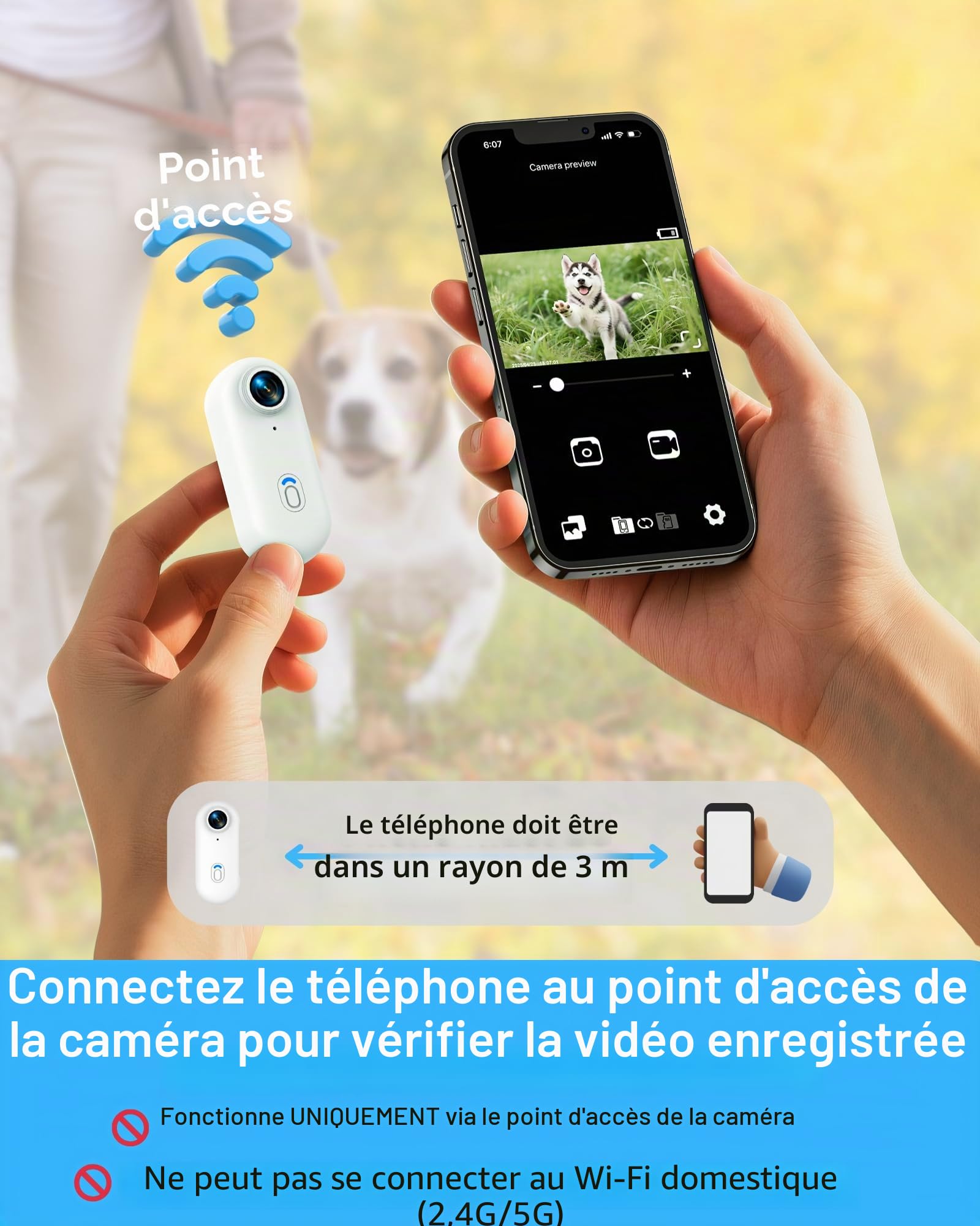 Collier pour caméra pour chat avec application pour téléphone, enregistrement vidéo HD 1080p, caméra POV pour chiens et grands chats, collier sans fil avec visualisation de l'application (collier XS)