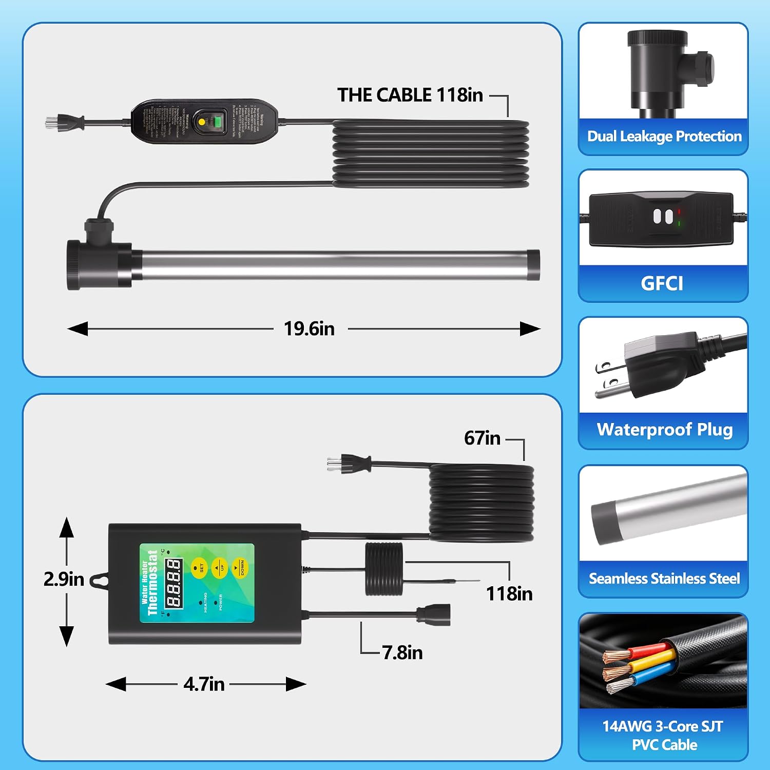 1500W Immersion Water Heater for Bathtub & Camping,Stainless Steel Portable Immersion Heater with GFCI Protection & Digital Thermostat, for Small Bathtub, Baptistery, Camping Bucket, Small Stock Tank