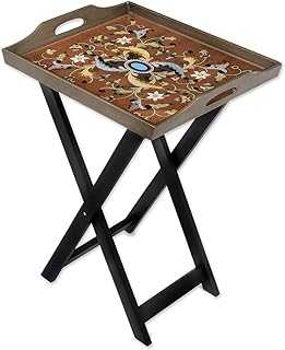 NOVICA Artisan Handmade Reverse Painted Glass Folding Tray Table Wood Multicolor Glasswood Peru Furniture Tables Aurora Red Floral [tray with Stand 28in H x 20.5in W x 16.5in D Tray Only 2.7in H x 20]