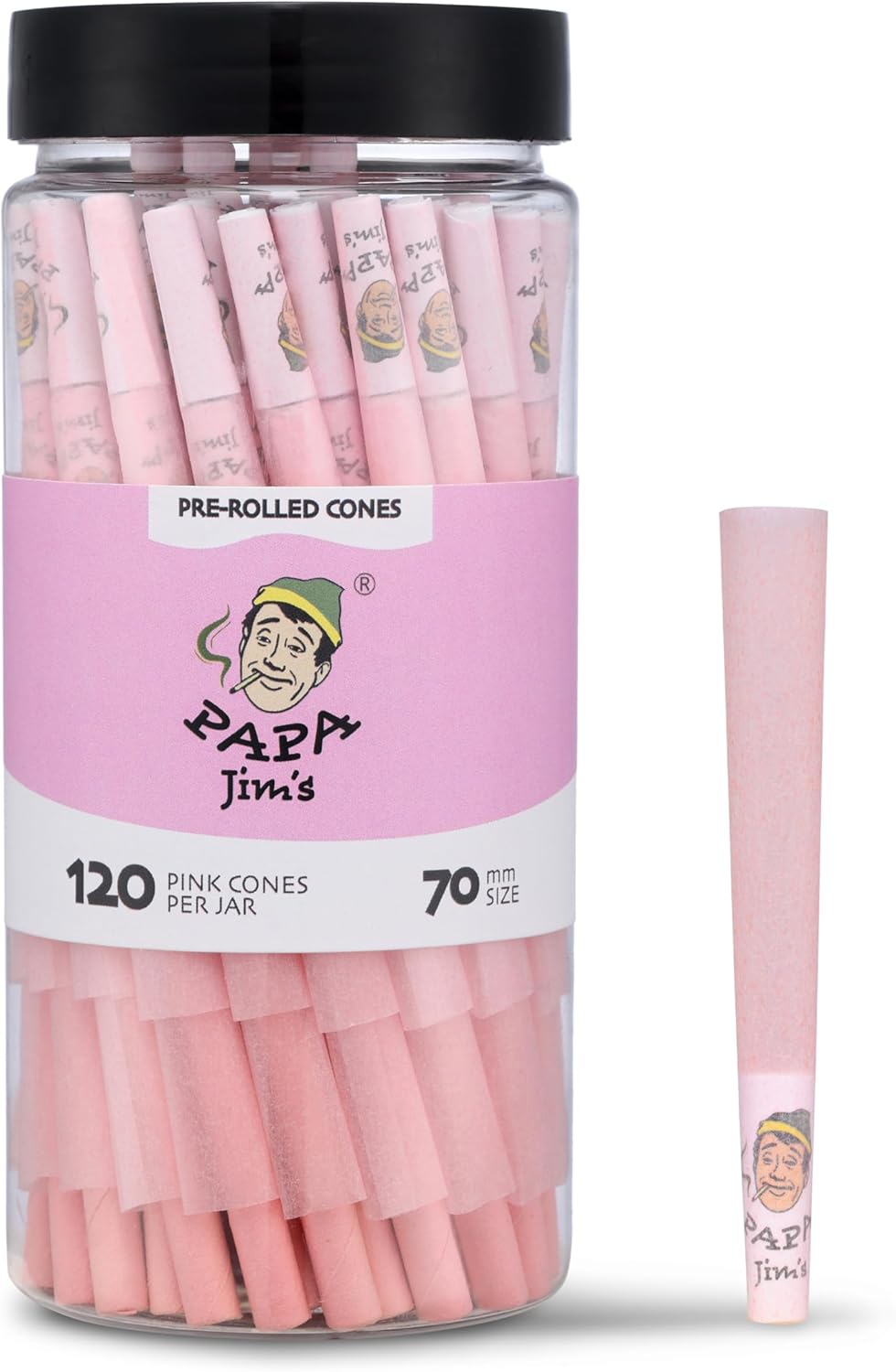 Papa Jim's Pre-Rolled Cones | Pink | 240 Cones Jar | 70mm DogWalker Size | Finest paper from France | Includes Packing sticks and filters
