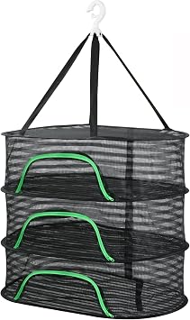 Hanging Drying Rack, Foldable Mesh Drying Net 3 Layers Hanging Dry Basket with Zipper Air Breathable Hang Rack Fish Net for Indoor Outdoor Garden Flower Plants Seeds Fish