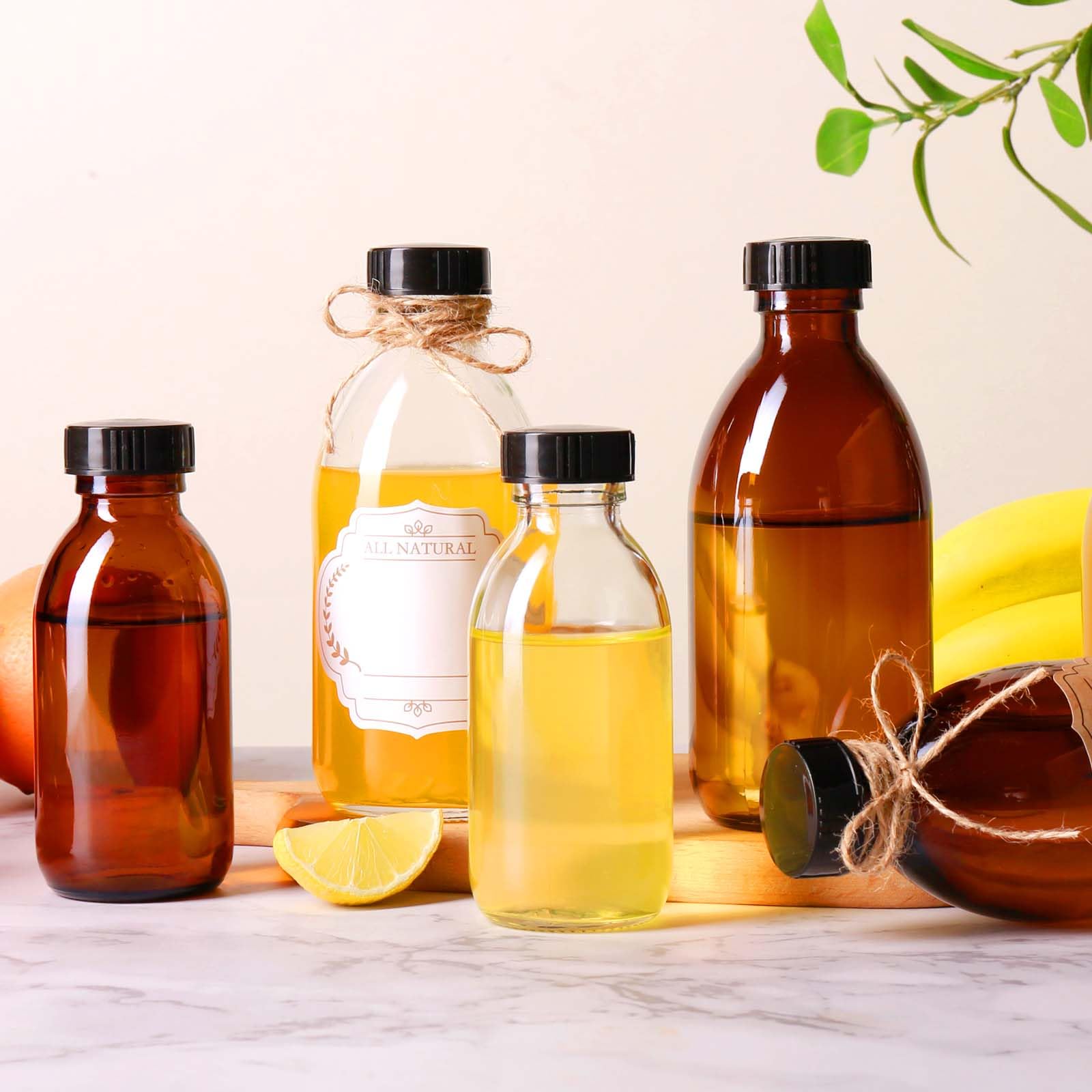 Botellas de vidrio pequeñas de 4 onzas con tapas, paquete de 12 botellas de muestra Boston para líquidos caseros, chupito de jengibre, jugo, poción, aceites esenciales, extracto de vainilla, jarabe,