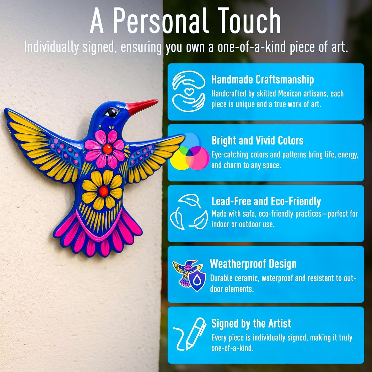 Enchanted Talavera Handmade Hummingbird Authentic Mexican Ceramic Outdoor & Indoor Wall Art Decor - Bright Colorful Hand Painted Garden, Patio, Kitchen, Yard, Fence Decoration - Housewarming Gifts