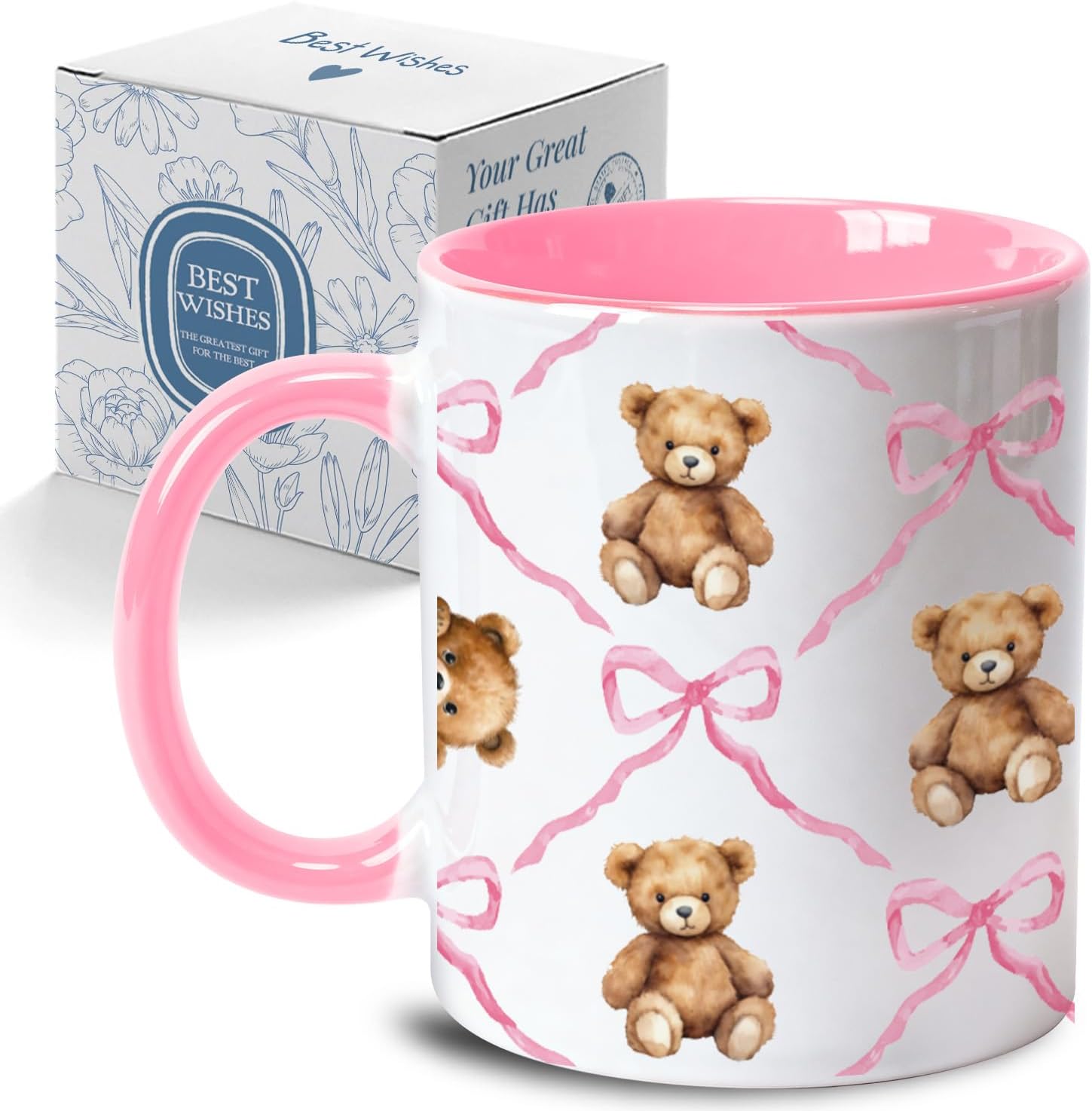 Funny Novelty Coffee Mug Gifts for Birthday Christmas Thanksgiving, Cute Pink Bow Bear Coffee Mug for Friends Sisters Daughter Bear Lovers Wife, Fun Drinkware for All Beverages-11oz