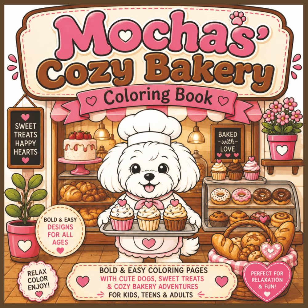 Mocha's Cozy Coffee Shop Coloring Book: Bold & Easy Cute Dog Coloring Pages with Hanging Out At Cozy Cafés, Coffee, Muffins, Cookies & Sweet Treats | ... ("Mocha's Cozy Adventures" Coloring Books)