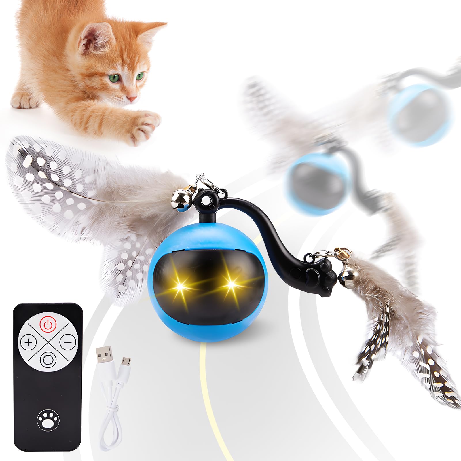 Jouet Interactif Pour Chat - Balle électrique Avec 3 Modes, Housse Amovible, Plumes Et Clochette, Rechargeable USB