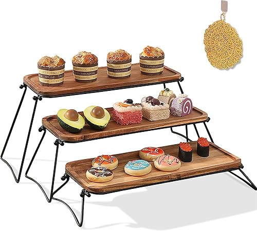 Bandeja de madera de acacia duradera con paño para una fácil limpieza y patas de metal, bandeja de servir de 3 niveles, tablas de embutidos, tabla