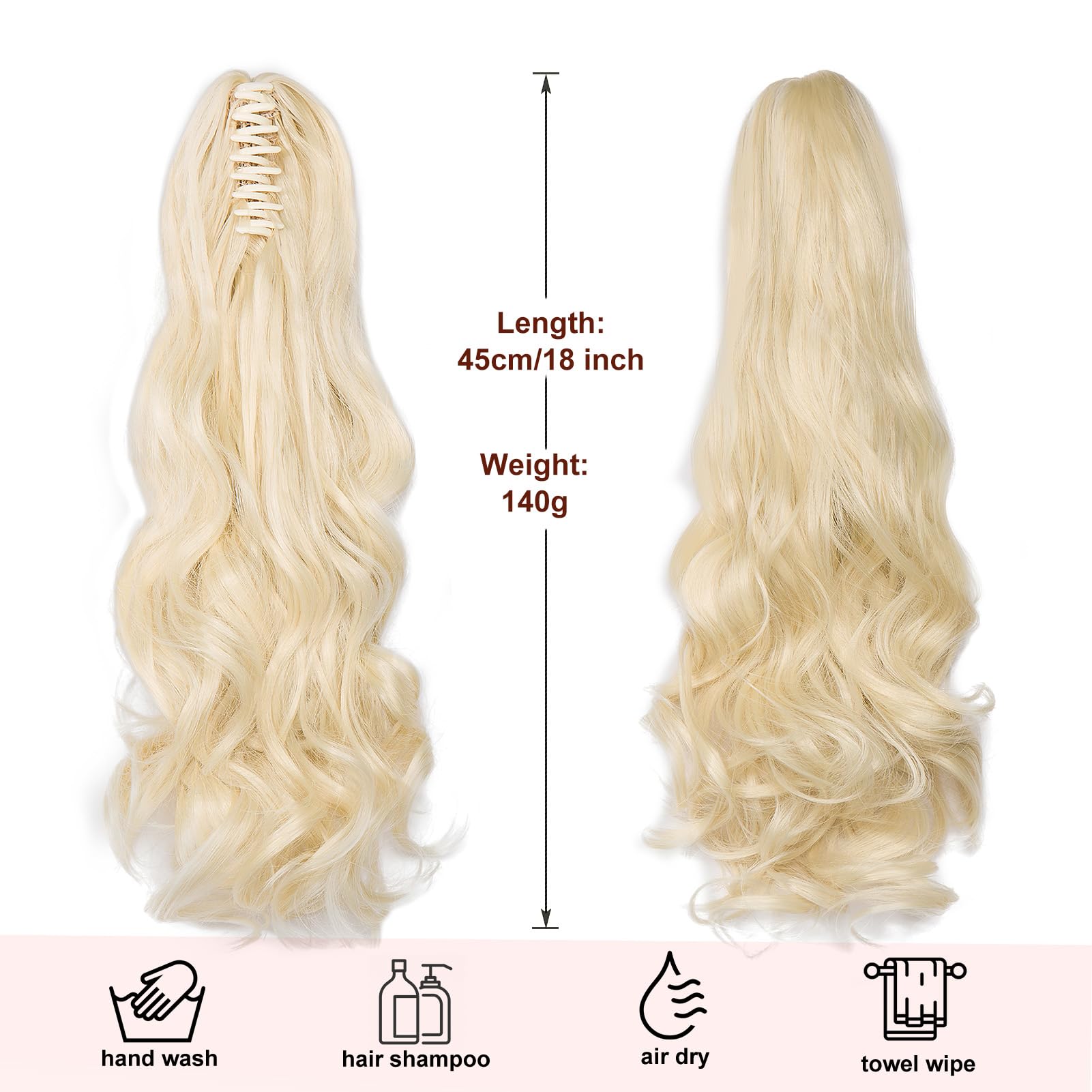 Dcbaboo Ponytail Extension Curly 18inch Claw Clip in Ponytail Hair Extensions Long Wavy Synthetic Pony tails Natural Wave One Piece Hairpiece Fake Ponytail for Women Bleach Blonde - Image 3