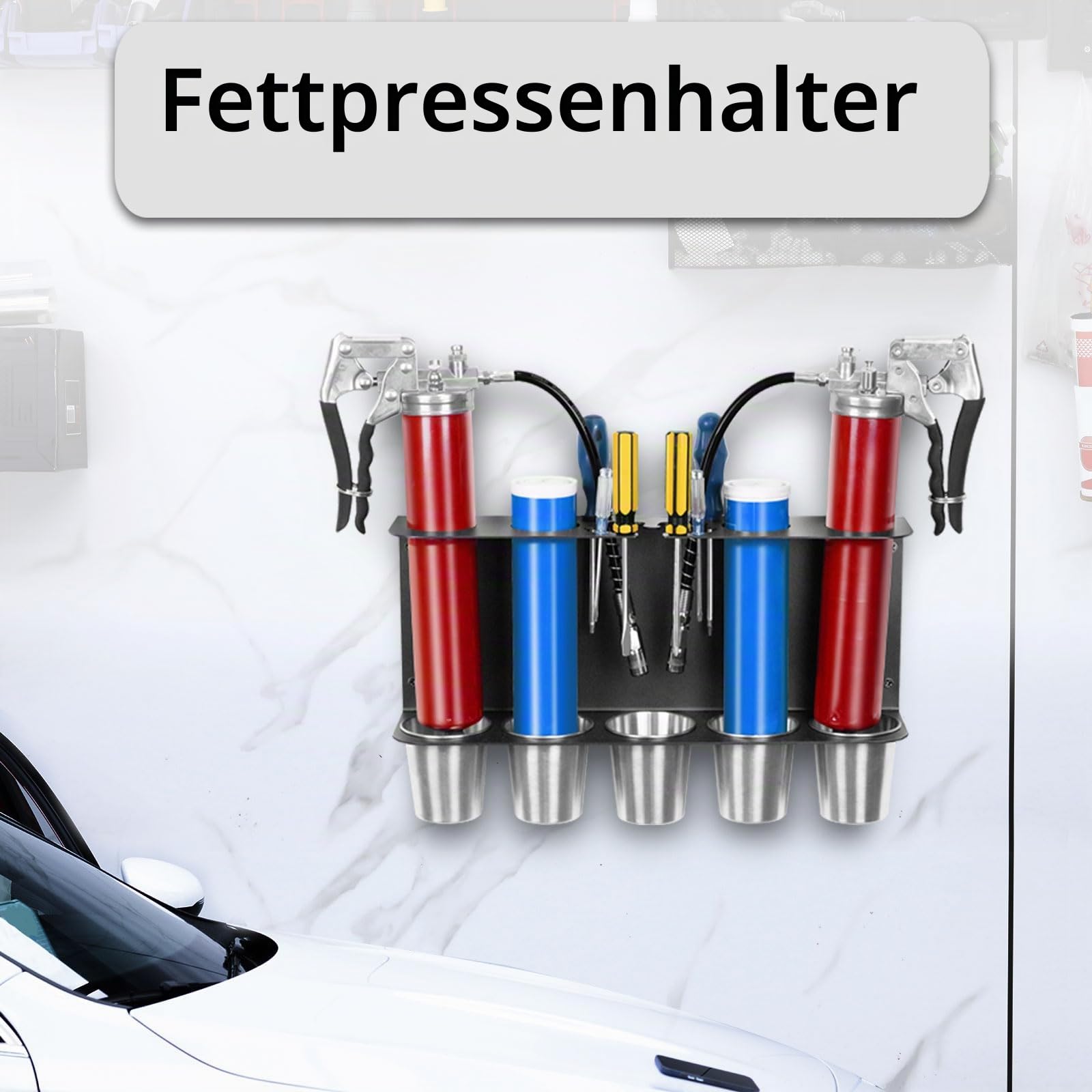 Fettpressenhalter, Wandhalterung, Aufbewahrungsregal, kompatibel mit 2 Fettpistolen, Organizer mit 5 abnehmbaren Tropfbechern für Garage und Geschäft, Werkstatt, Aufbewahrung, Schwarz