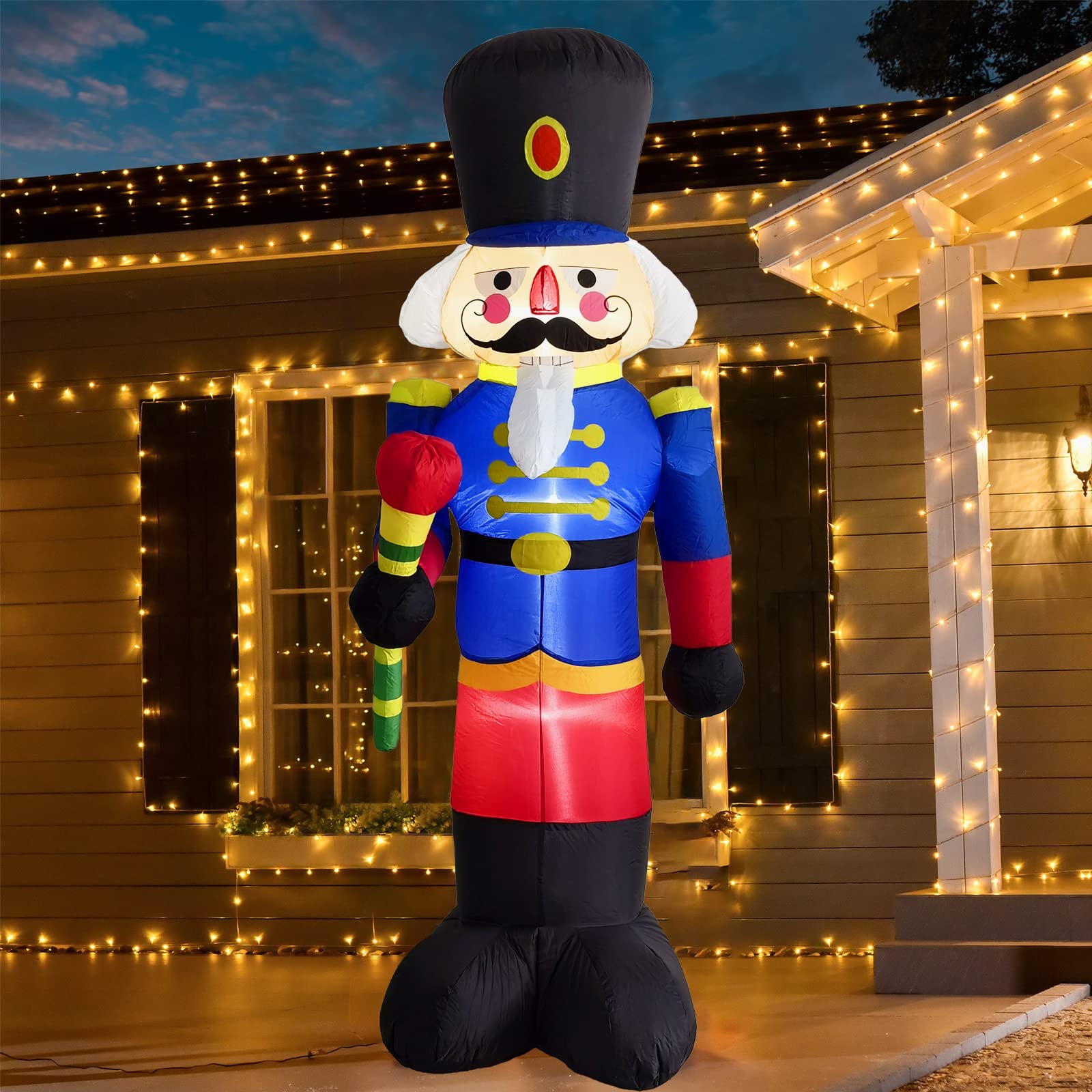 Photo 1 of 8 ft Inflatable Lighted Nutcracker Soldier with Sceptre, Blow-Up Outdoor LED Display Yard Christmas Decoration