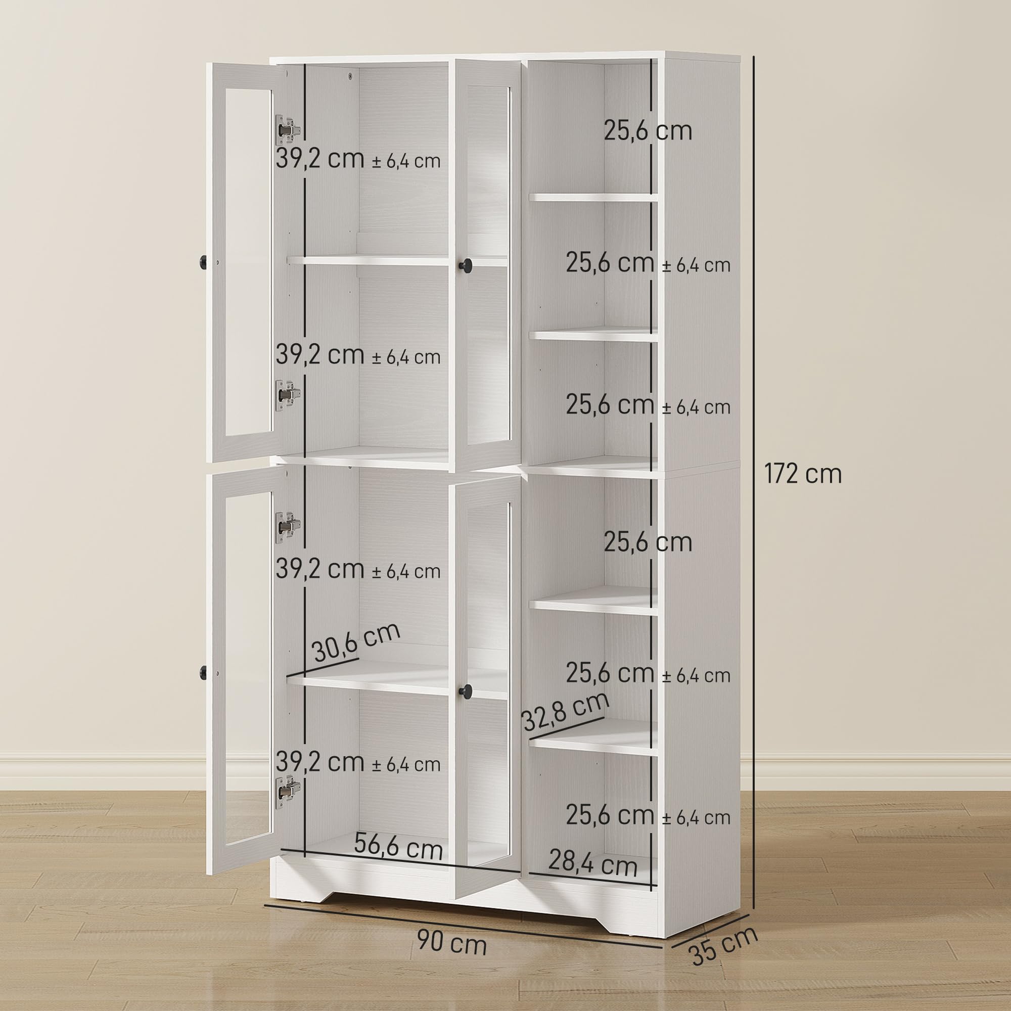 HOMCOM Küchenschrank mit 4 Soft-Close-Glastüren 90 x 35 x 172 cm Weiß | Buffetschrank, 6 Offenen Fächern, Moderner Hochschrank mit Verstellbaren Einlegeböden, Vorratsschrank