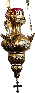 Holy Land Market Extra Large Brass Greek Orthodox Oil Vigil lamp - 27 Inches with Red Votive